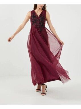 NWT BCBGMAXAZRIA Donna Tulle Gown Burgundy Red Floral Wedding Guest Dress Size 8